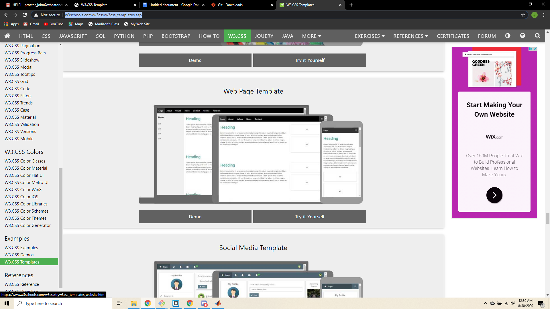 screenshot of W3schools template I used